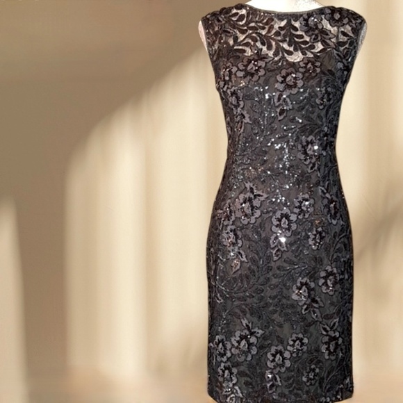 LAUREN RALPH LAUREN Sequined Lace Overlay Sheath Dress Deep Gray - Picture 5 of 14